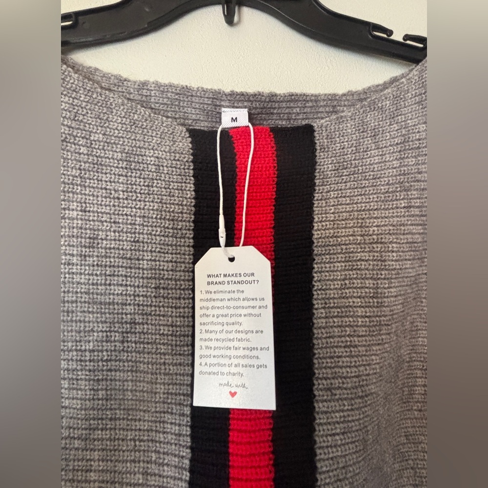 Gray Crewneck Sweater with Red & Black Stripe Detail - Picture 4 of 10
